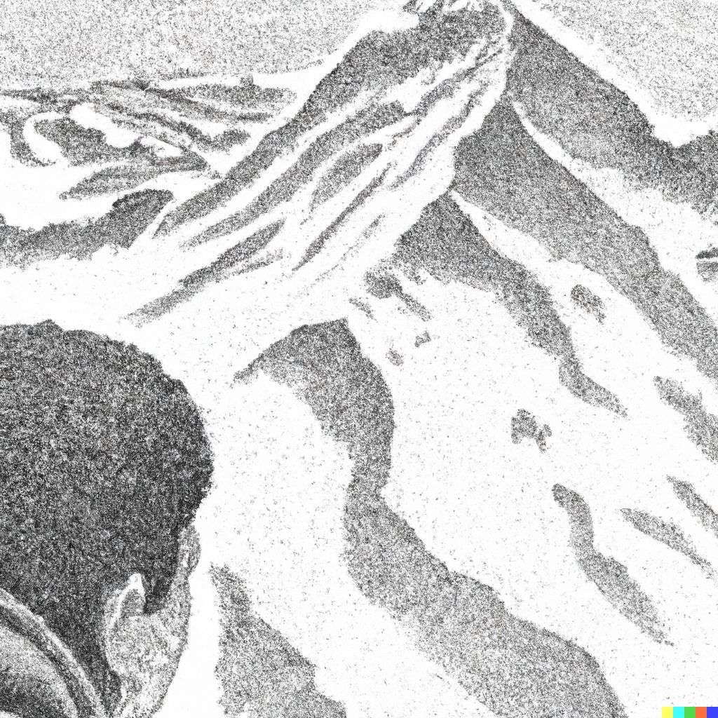 someone gazing at Mount Everest, stipple drawing